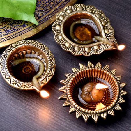 Brass Diyas for Diwali Decoration Designer Oil Lamp Pack of 3